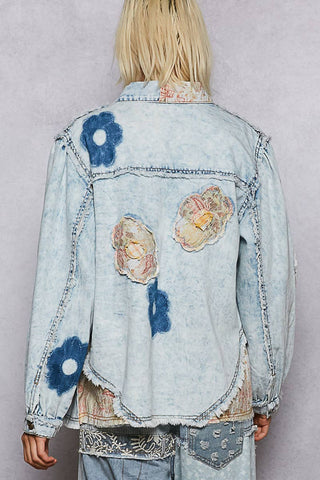 Balloon sleeve floral patch detail denim jacket-Denim Jacket-Pol Clothing-Stuffology - Where Vintage Meets Modern, A Boutique for Real Women in Crosbyton, TX