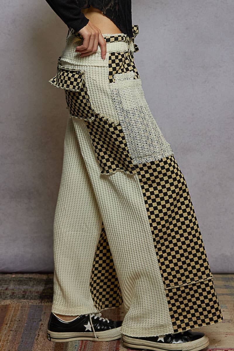 POL Clothing Checkered Patchwork Wide-Leg Pants-Pants-Pol Clothing-Stuffology - Where Vintage Meets Modern, A Boutique for Real Women in Crosbyton, TX