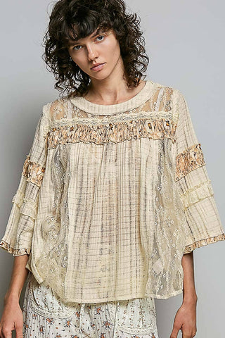 Lace Panel Detail Floral Ruffle 3/4 Sleeve Rib Knit Top-Pol Clothing-Stuffology - Where Vintage Meets Modern, A Boutique for Real Women in Crosbyton, TX