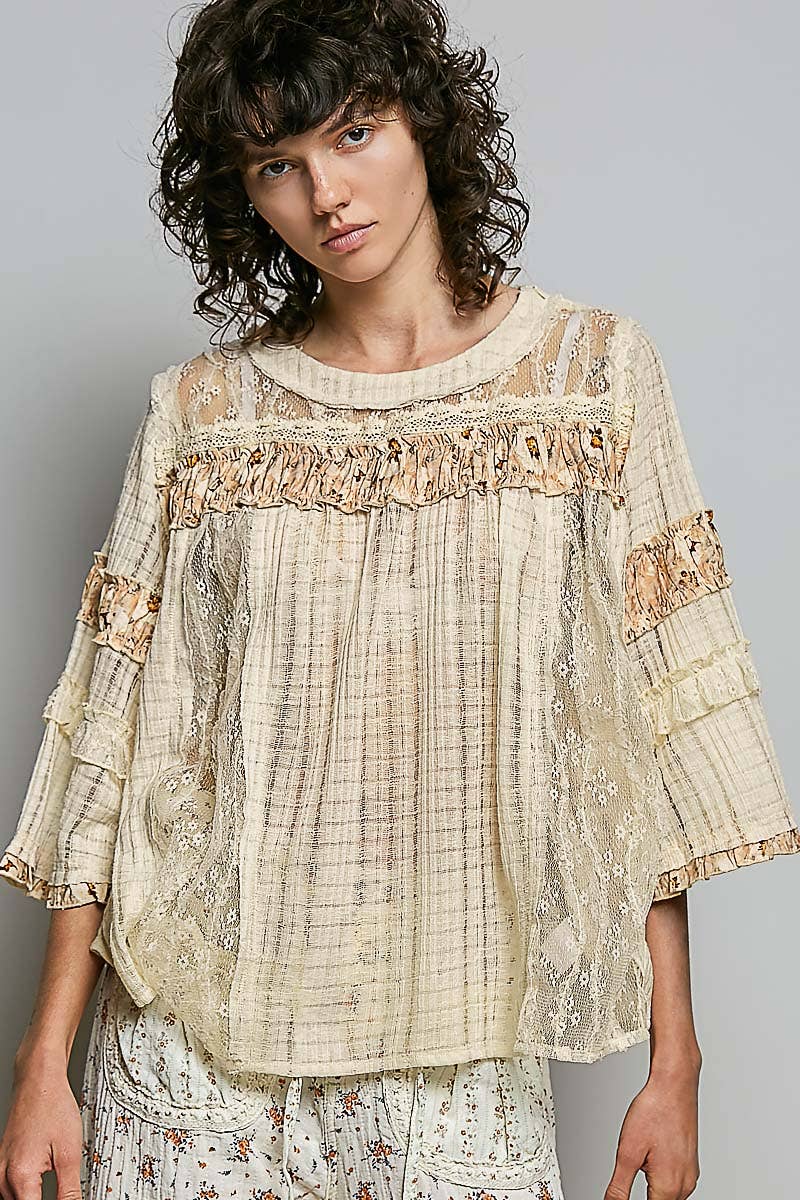 Lace Panel Detail Floral Ruffle 3/4 Sleeve Rib Knit Top-Pol Clothing-Stuffology - Where Vintage Meets Modern, A Boutique for Real Women in Crosbyton, TX
