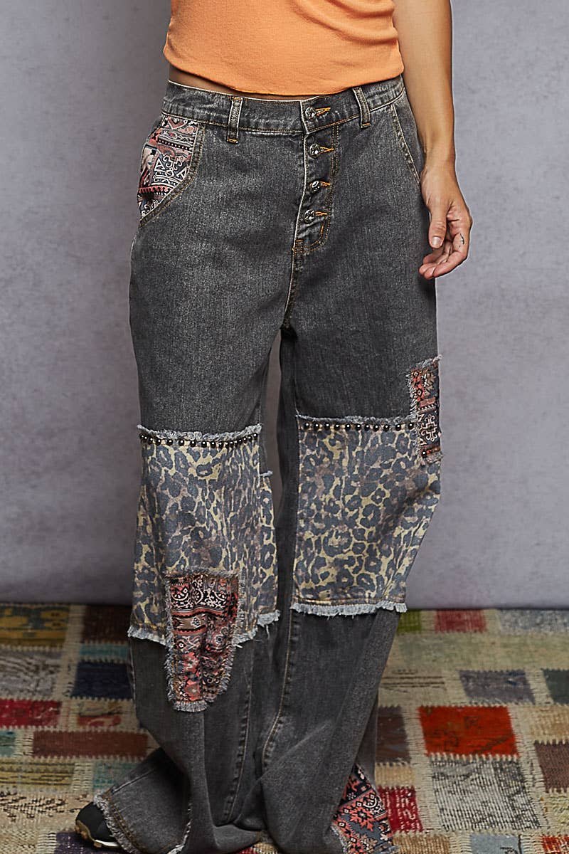 POL Clothing Boho Patchwork Denim Wide Leg Jeans-Jeans-Pol Clothing-Stuffology - Where Vintage Meets Modern, A Boutique for Real Women in Crosbyton, TX