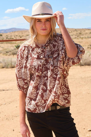 Mocha Wave Boho Printed Top-TOP-Oddi-Stuffology - Where Vintage Meets Modern, A Boutique for Real Women in Crosbyton, TX