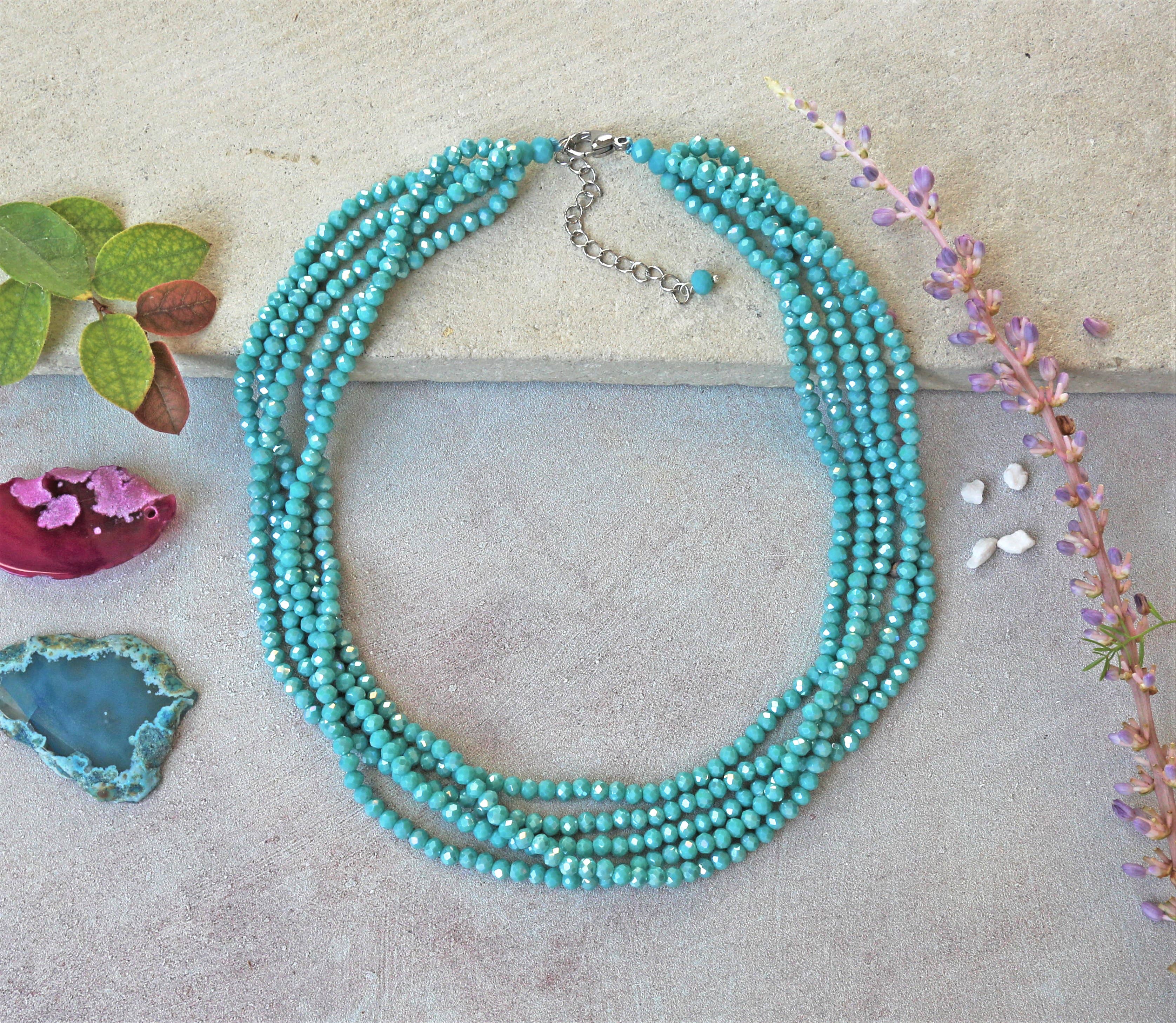 5 Strand Rondelle Blue Turquoise Crystal Necklace-Necklaces-IST Jewelry-Stuffology - Where Vintage Meets Modern, A Boutique for Real Women in Crosbyton, TX