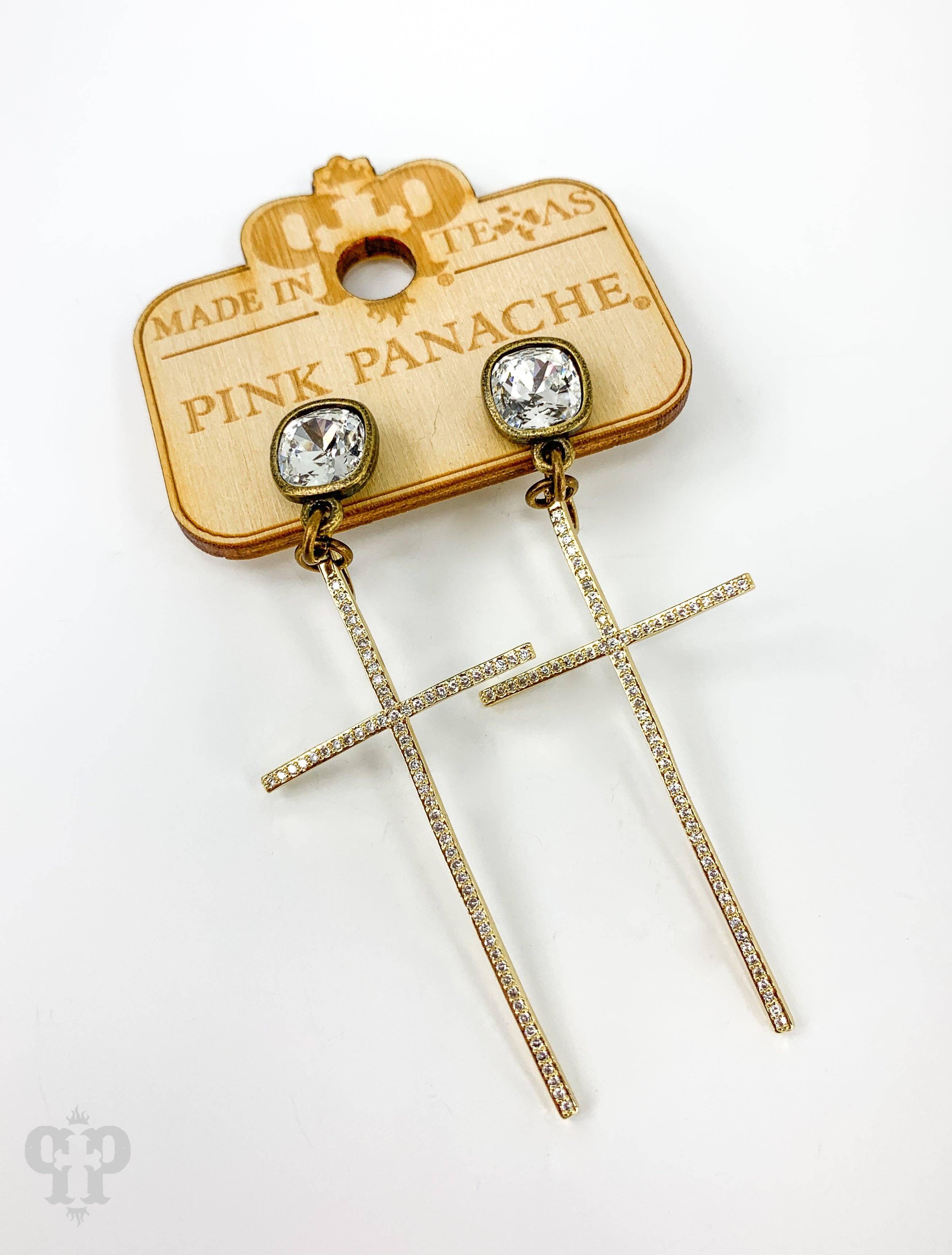 Rhinestone cross earring with Austrian crystal-Earrings-Pink Panache Brands-Stuffology - Where Vintage Meets Modern, A Boutique for Real Women in Crosbyton, TX