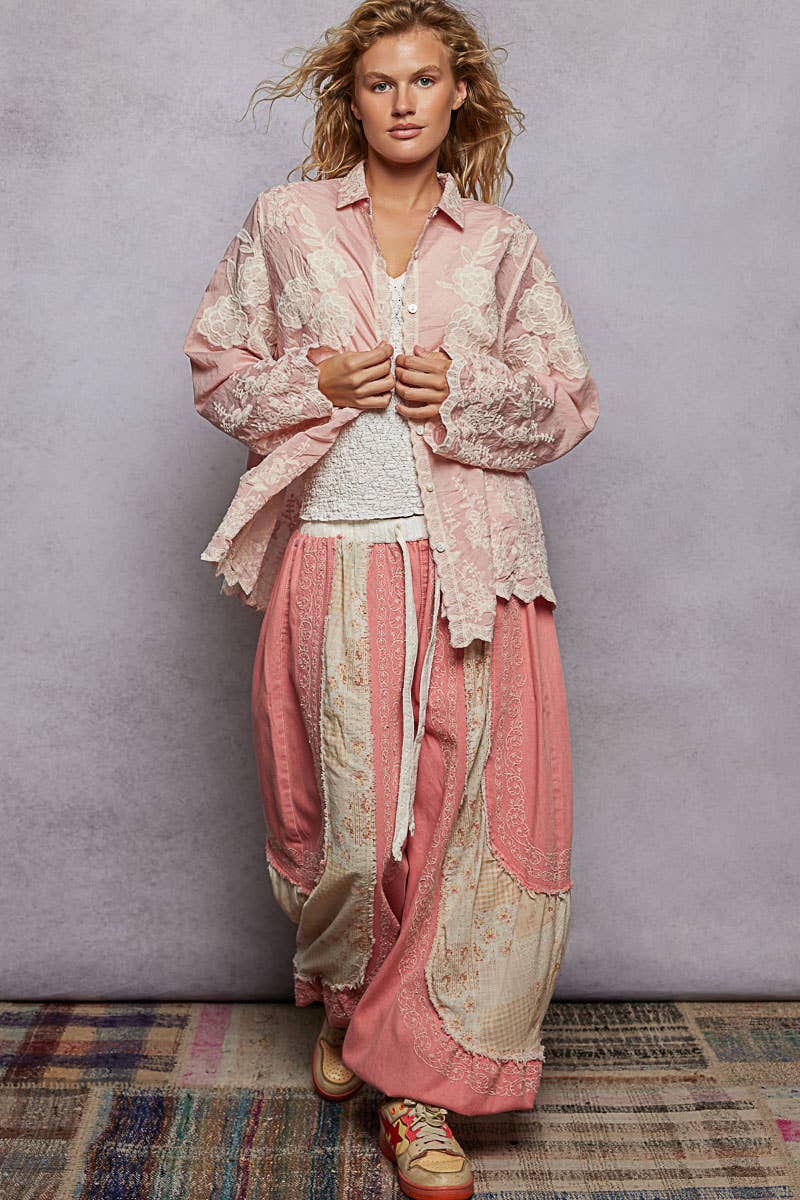 Long Sleeve Embroidered Scalloped Edge Shirt Top-Pol Clothing-Stuffology - Where Vintage Meets Modern, A Boutique for Real Women in Crosbyton, TX