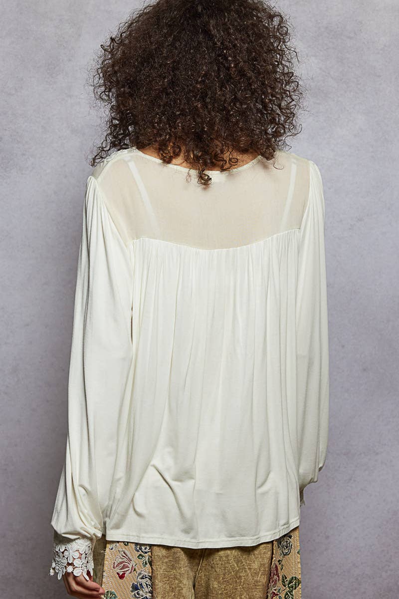 Long Sleeve Contrast Floral Lace Crochet V-Neck Top-Pol Clothing-Stuffology - Where Vintage Meets Modern, A Boutique for Real Women in Crosbyton, TX