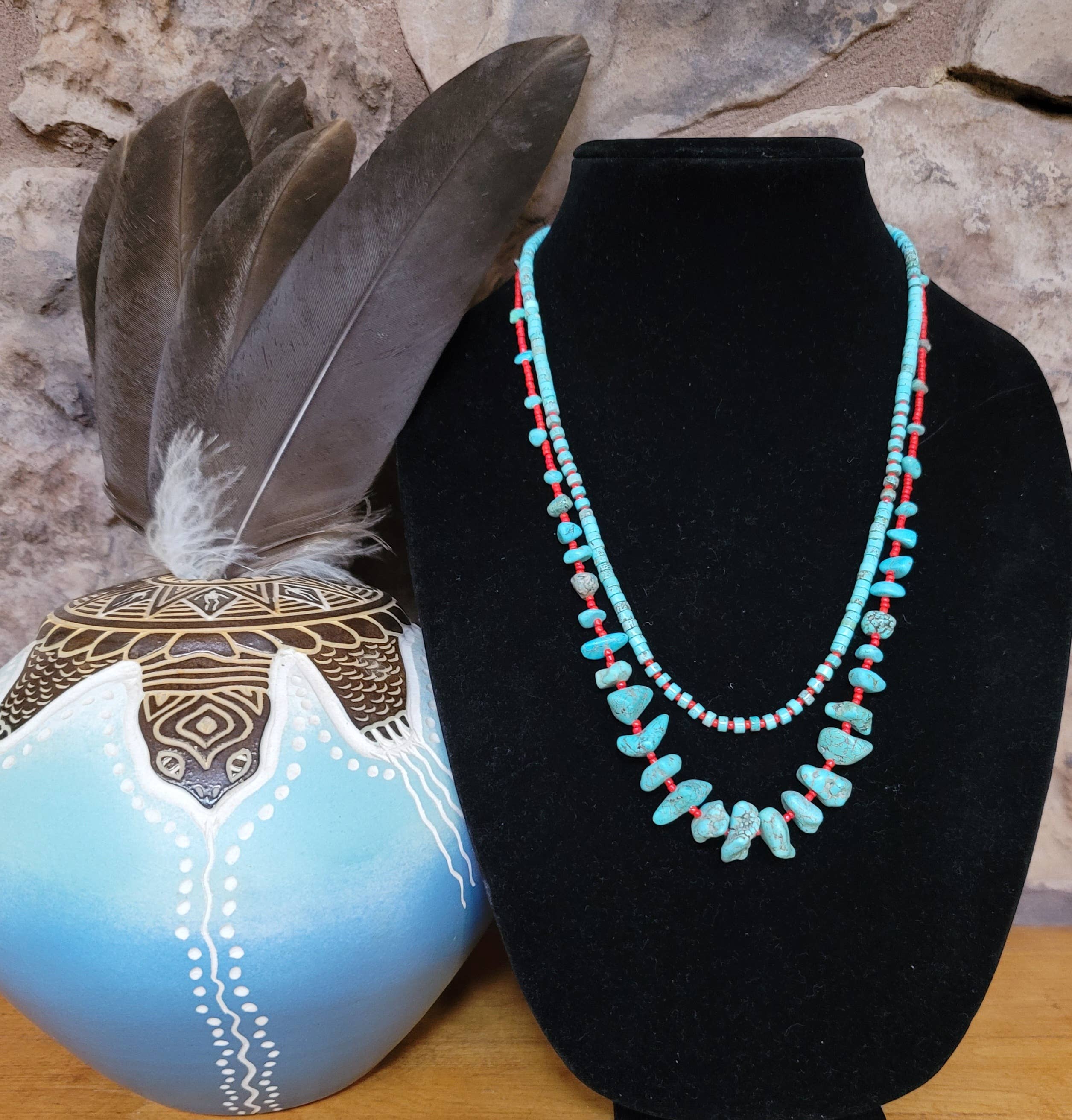 Case of 2 Turquoise, red glass bead necklaces, Native made-Necklaces-Horse Spirit Studio-Stuffology - Where Vintage Meets Modern, A Boutique for Real Women in Crosbyton, TX