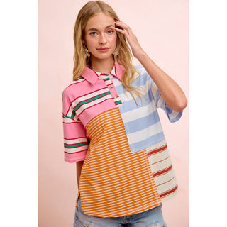 MIX AND MATCH STRIPE COLOR BLOCK PULLOVER TOP