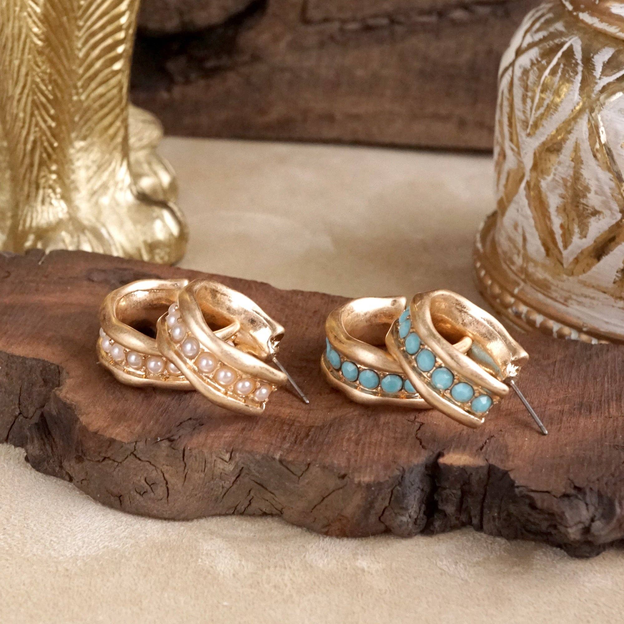 Minimalist Hoops with Faux Pearls or Turquoise – Brushed Gold-Earrings-PennyLine inc-Stuffology - Where Vintage Meets Modern, A Boutique for Real Women in Crosbyton, TX