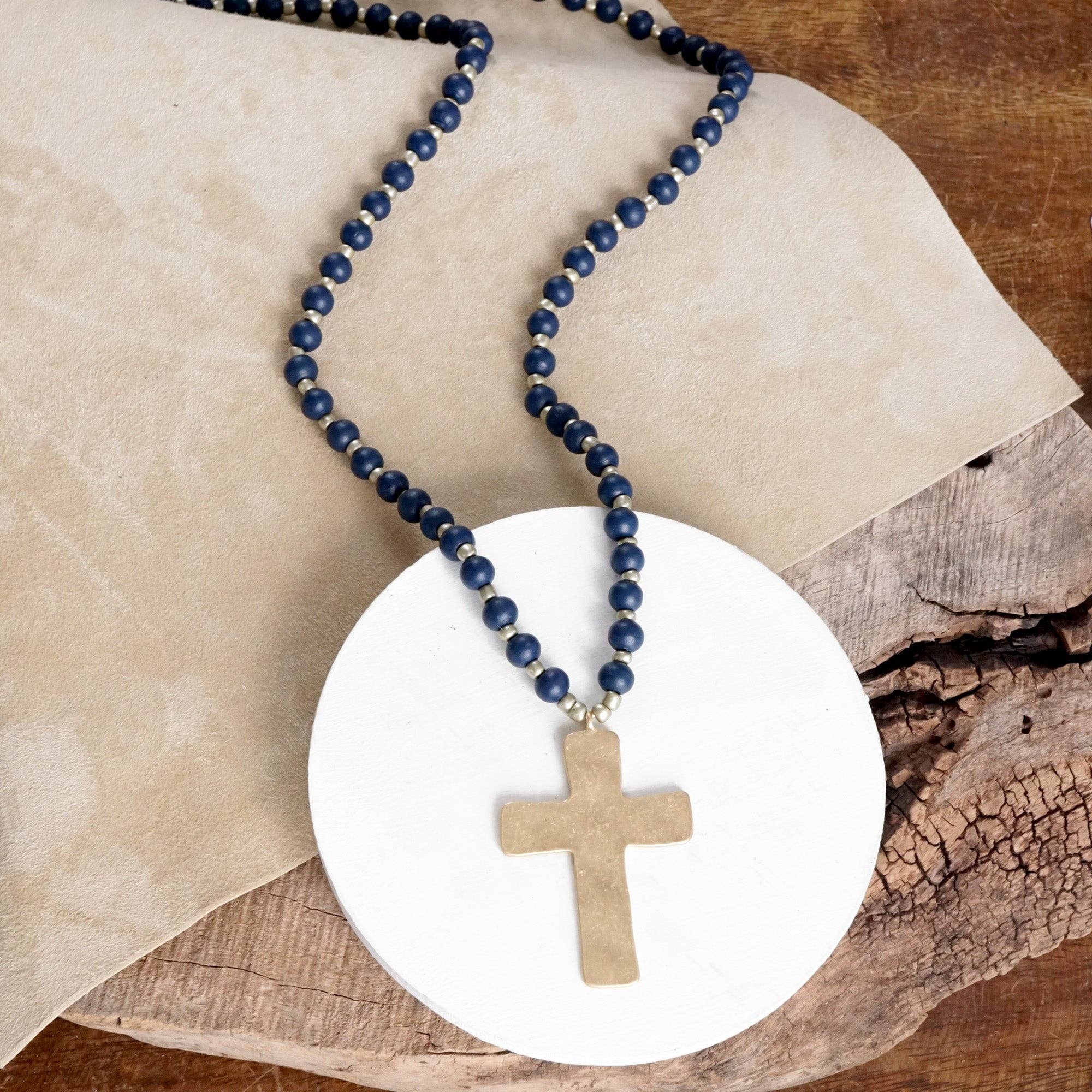Long Wooden Bead Necklace with Gold Cross-Necklaces-PennyLine inc-Stuffology - Where Vintage Meets Modern, A Boutique for Real Women in Crosbyton, TX