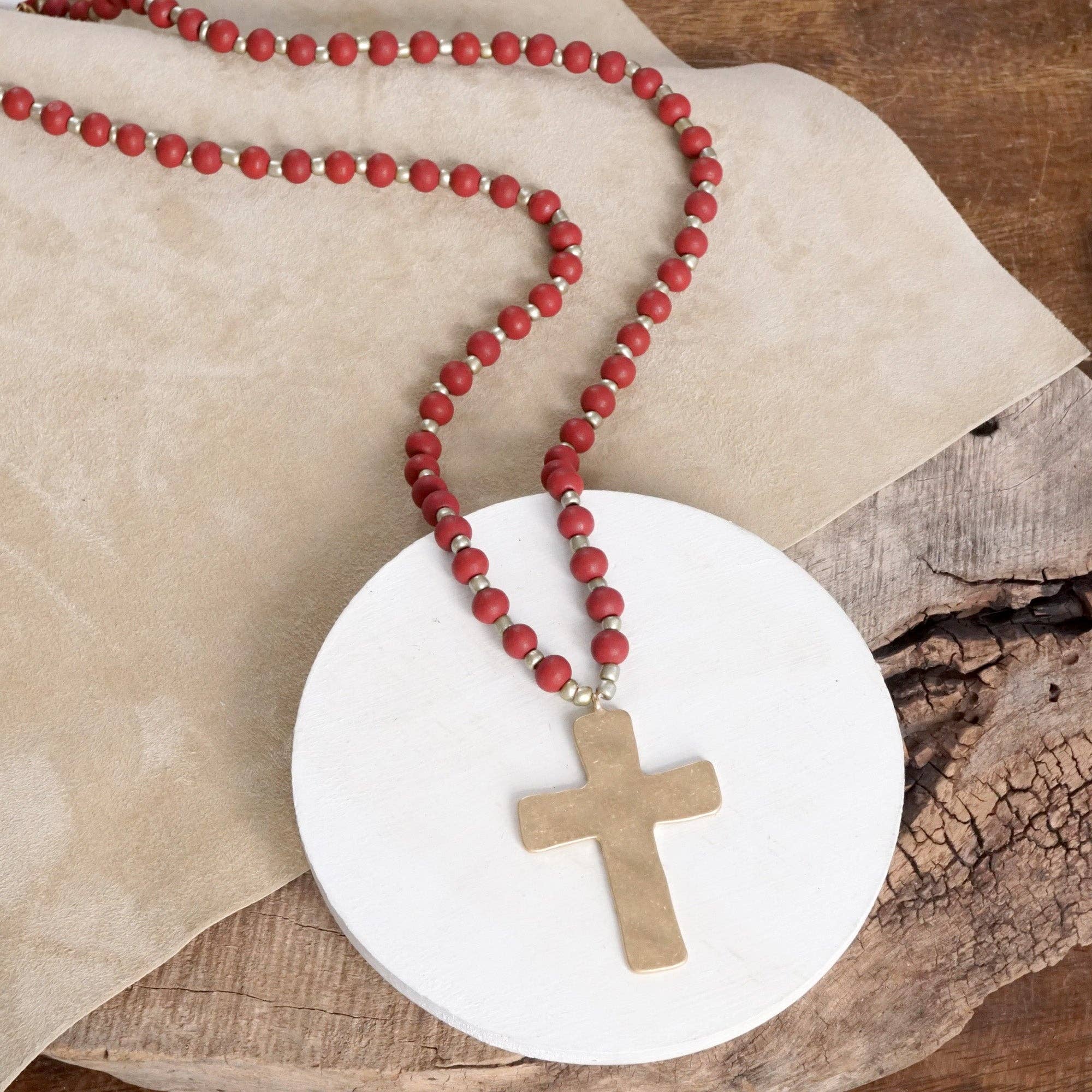 Long Wooden Bead Necklace with Gold Cross-Necklaces-PennyLine inc-Stuffology - Where Vintage Meets Modern, A Boutique for Real Women in Crosbyton, TX