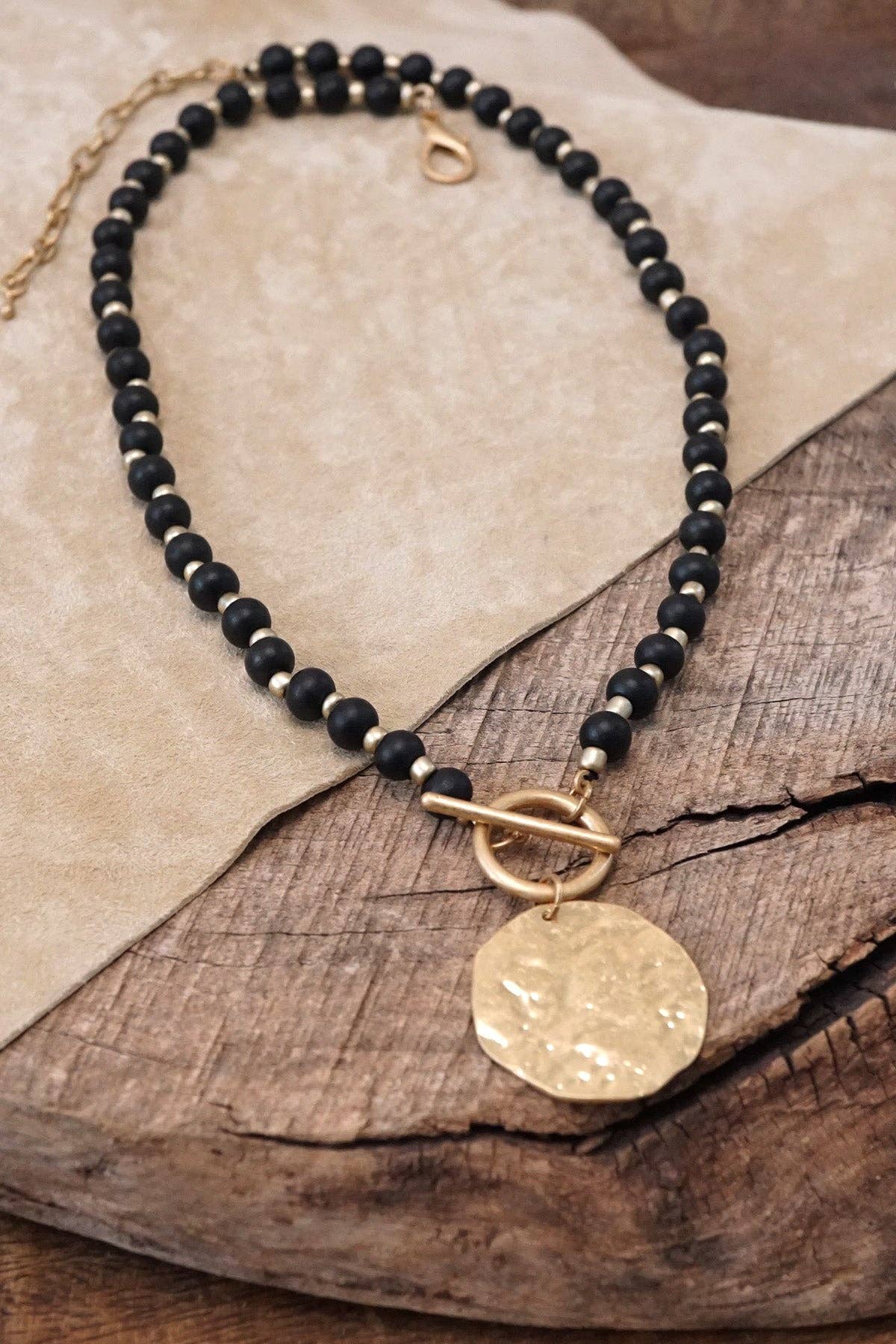 Wooden Beads Short Coin Toggle Necklace in Black and Gold-PennyLine inc-Stuffology - Where Vintage Meets Modern, A Boutique for Real Women in Crosbyton, TX