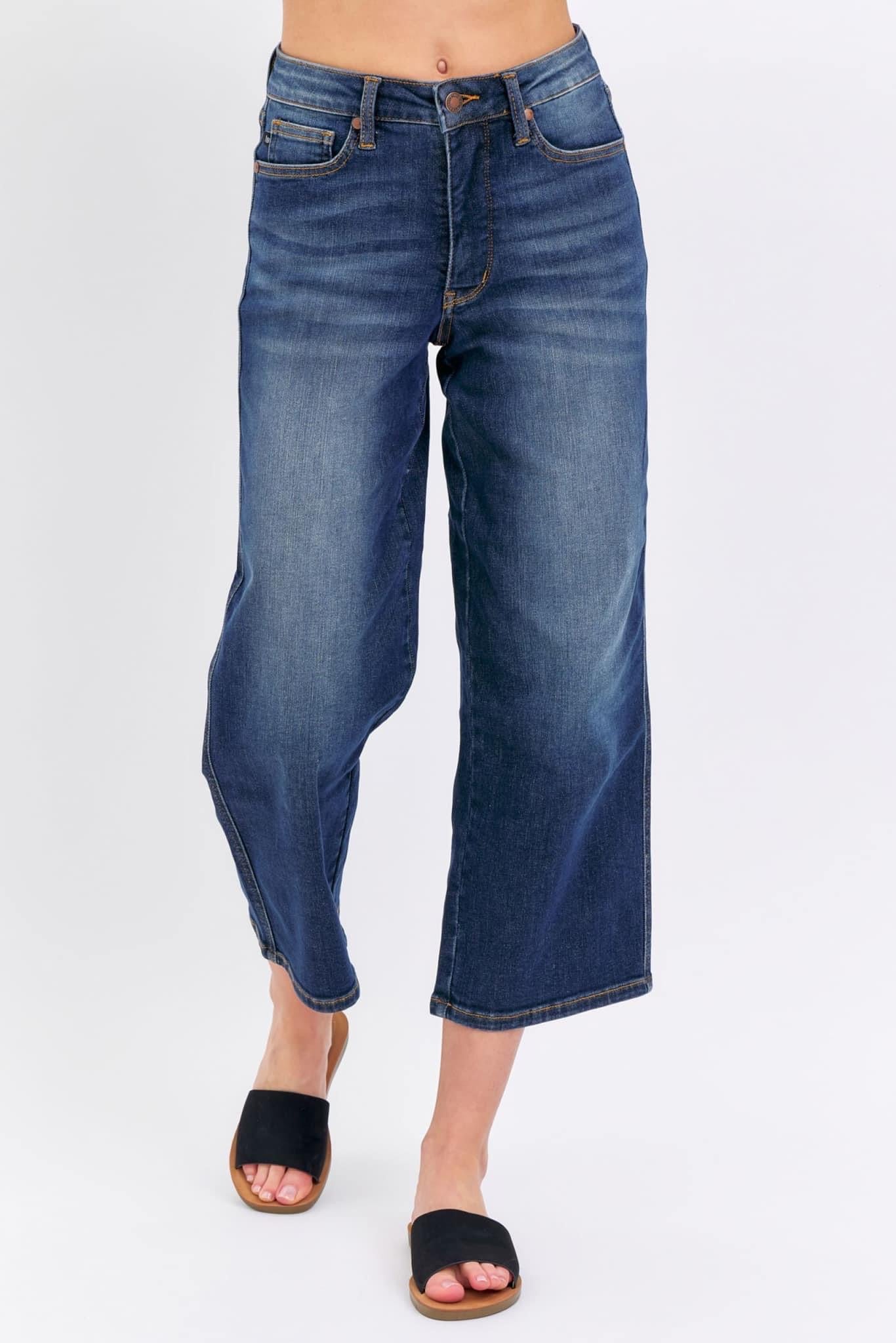 Judy Blue Midrise Tummy Control Wide Crop Jeans - Dark Wash-Jeans-Judy Blue-Stuffology - Where Vintage Meets Modern, A Boutique for Real Women in Crosbyton, TX