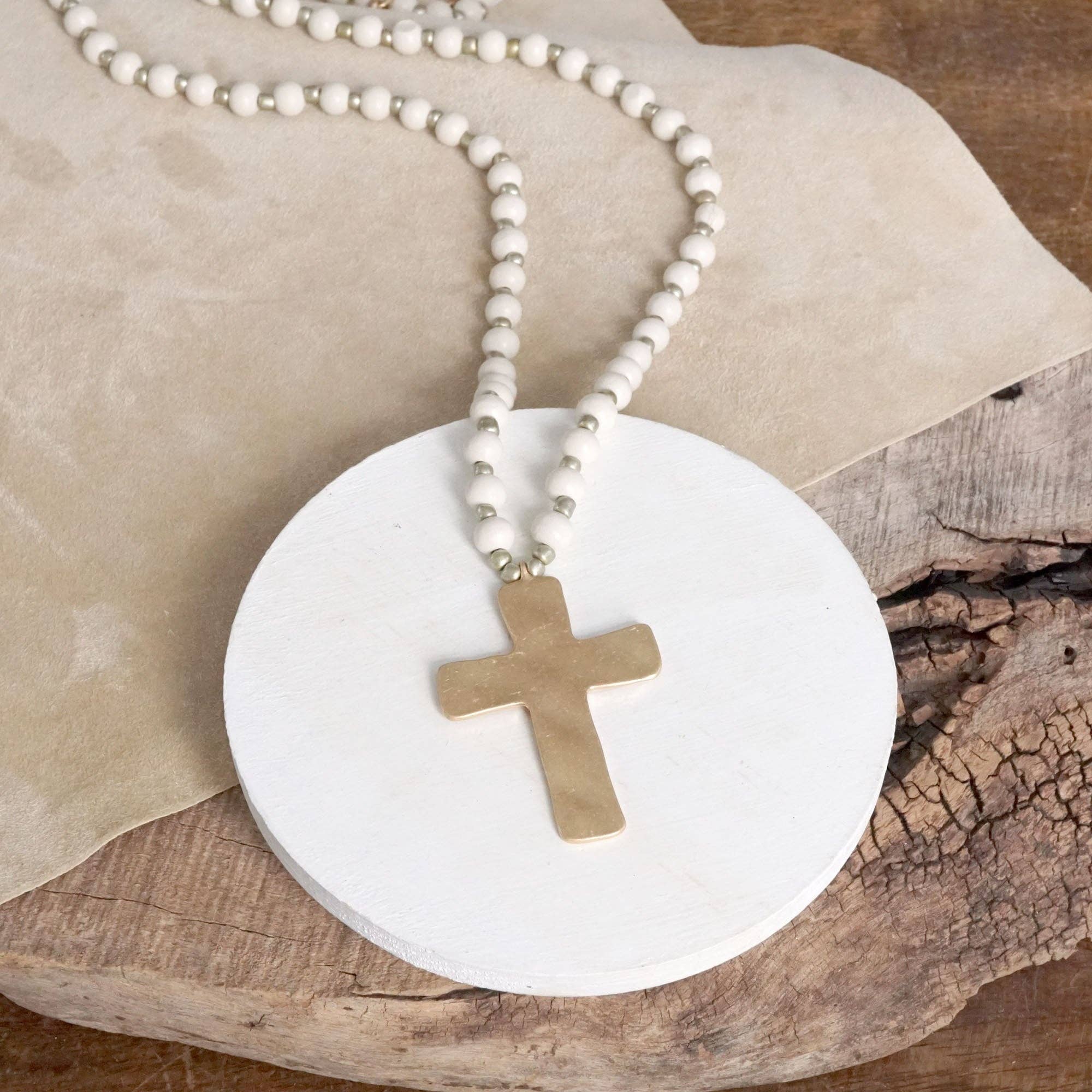 Long Wooden Bead Necklace with Gold Cross-Necklaces-PennyLine inc-Stuffology - Where Vintage Meets Modern, A Boutique for Real Women in Crosbyton, TX