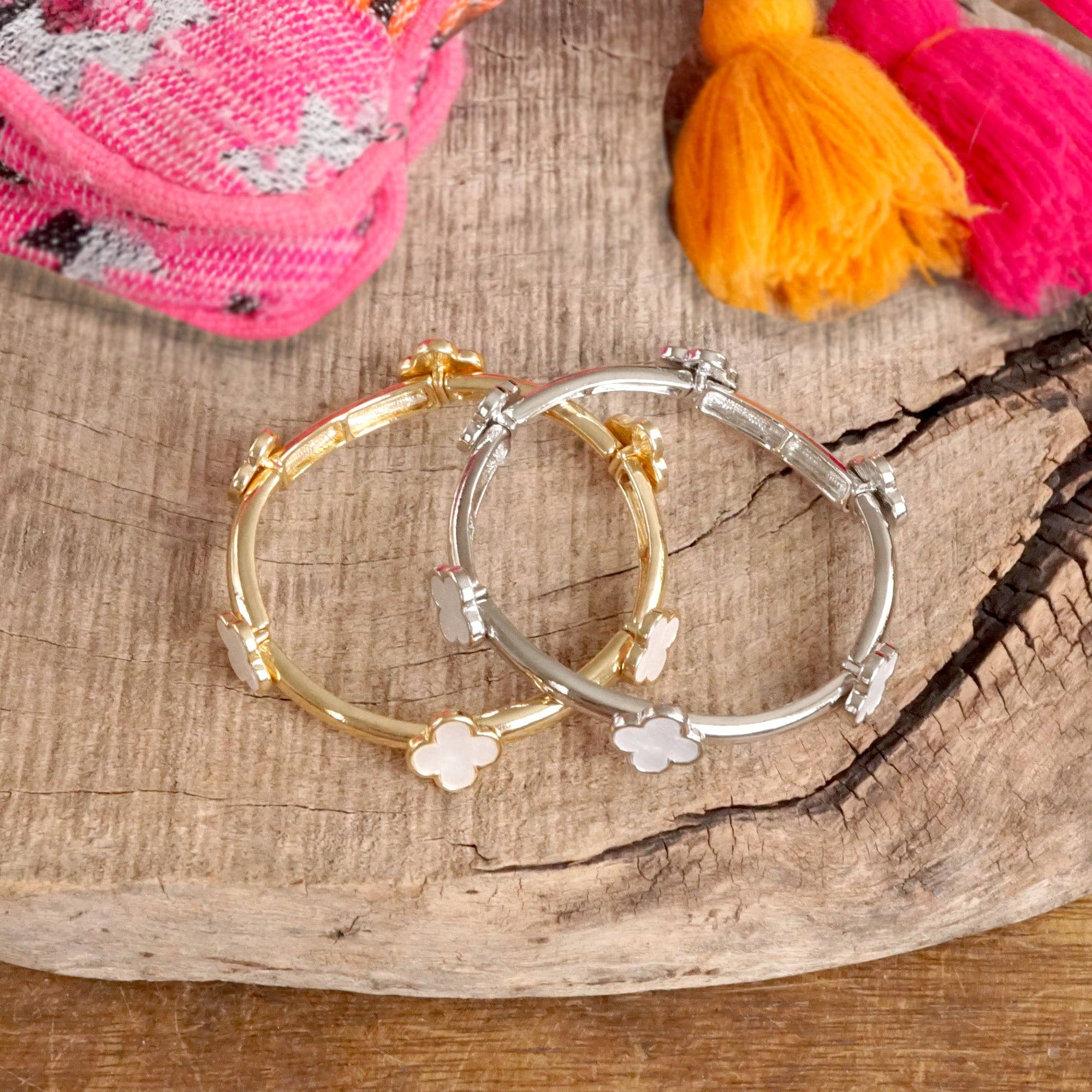 Clover Stretchy Bangle Bracelet – Mother of Pearl in Gold or Silver Tone-PennyLine inc-Stuffology - Where Vintage Meets Modern, A Boutique for Real Women in Crosbyton, TX
