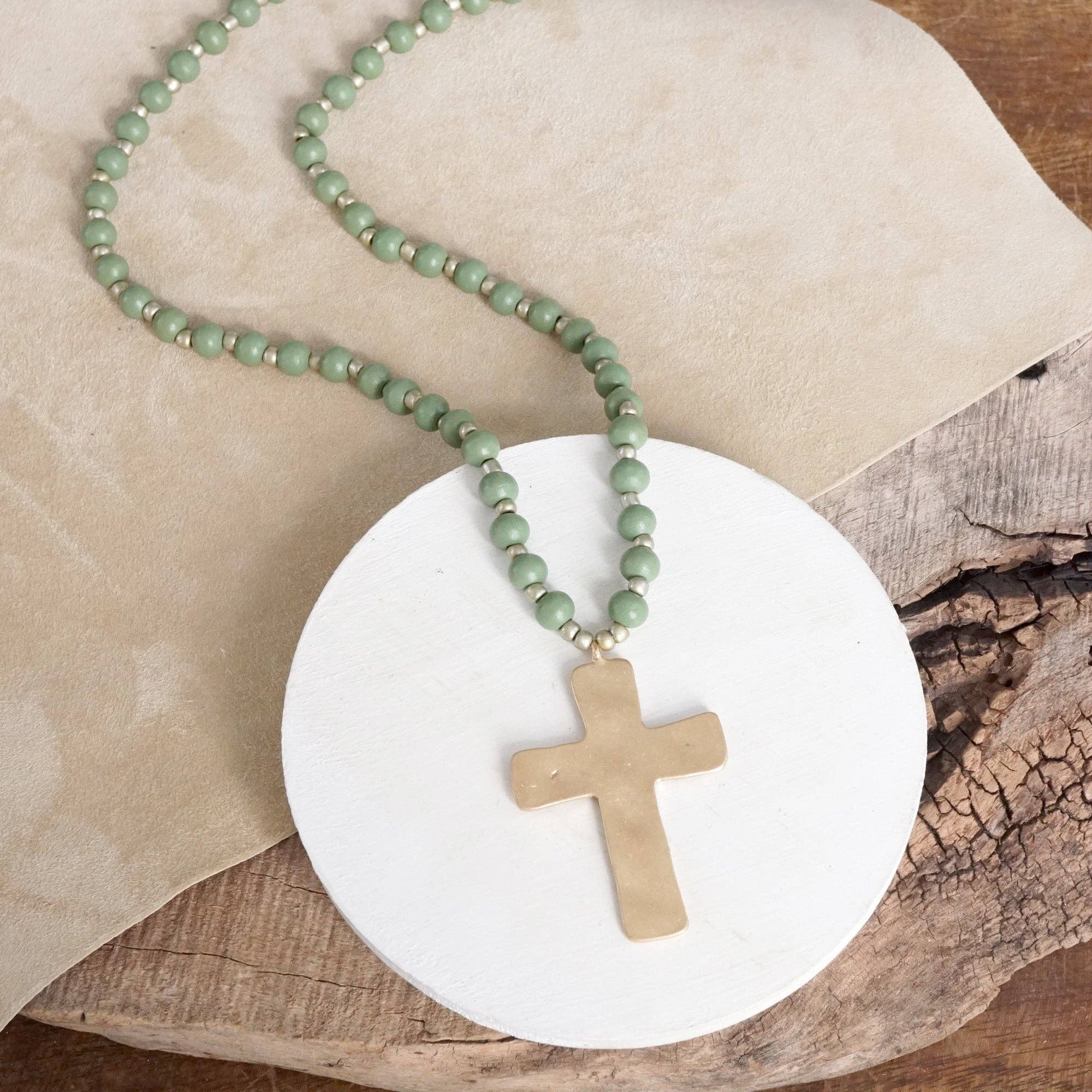 Long Wooden Bead Necklace with Gold Cross-Necklaces-PennyLine inc-Stuffology - Where Vintage Meets Modern, A Boutique for Real Women in Crosbyton, TX