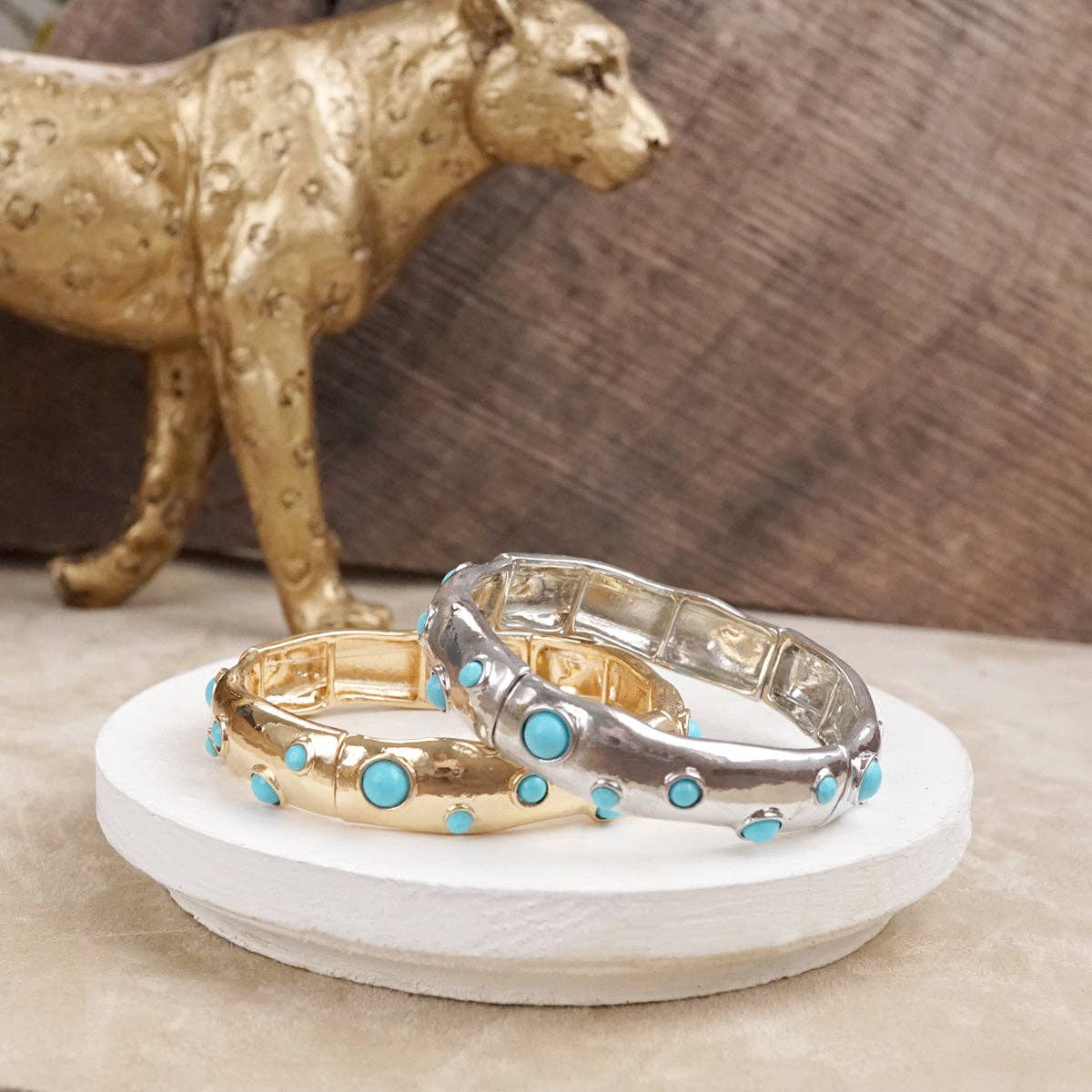 Desert Dew – Turquoise Cabochon Stretch Bangle-Bracelets-PennyLine inc-Stuffology - Where Vintage Meets Modern, A Boutique for Real Women in Crosbyton, TX