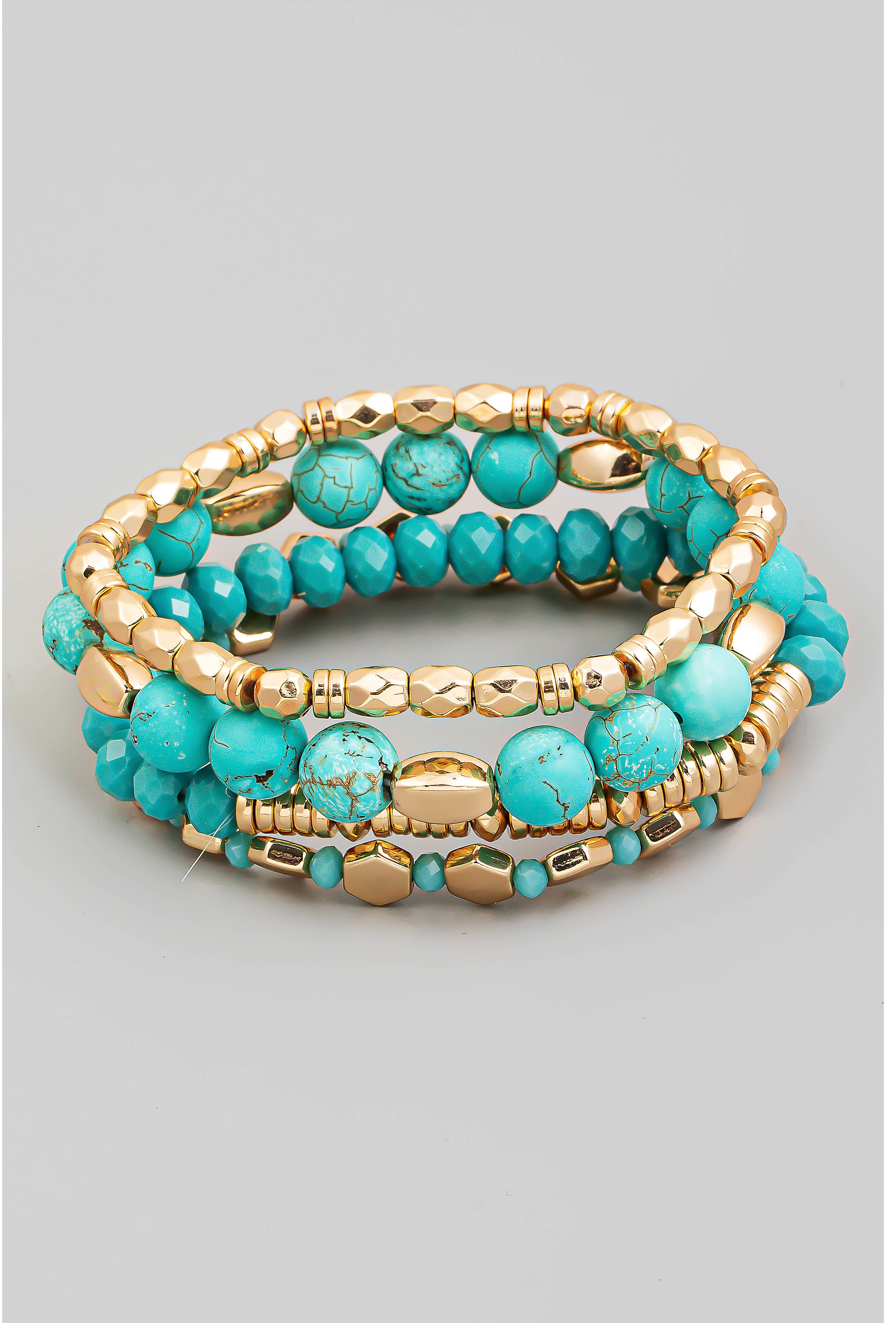 Mixed Metallic And Turquoise Stone Beaded Bracelet Set | Stuffology Boutique-The Looks by Fame Accessories-Stuffology - Where Vintage Meets Modern, A Boutique for Real Women in Crosbyton, TX