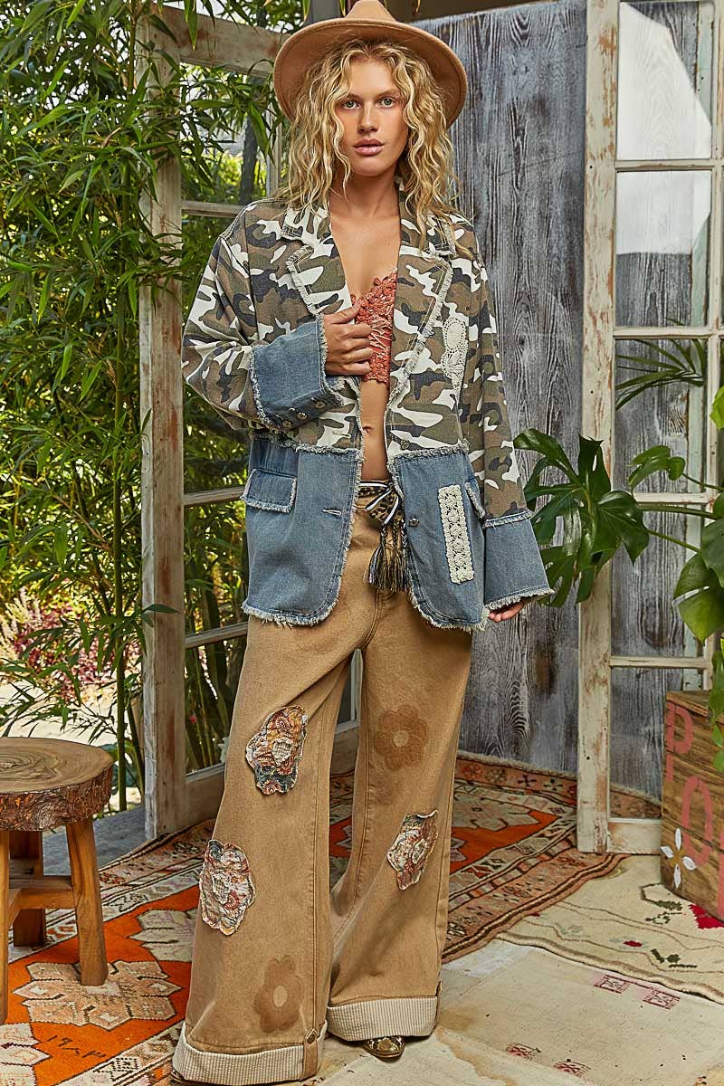 V-neck long sleeve crochet patch printed twill woven jacket-Jackets-Pol Clothing-Stuffology - Where Vintage Meets Modern, A Boutique for Real Women in Crosbyton, TX