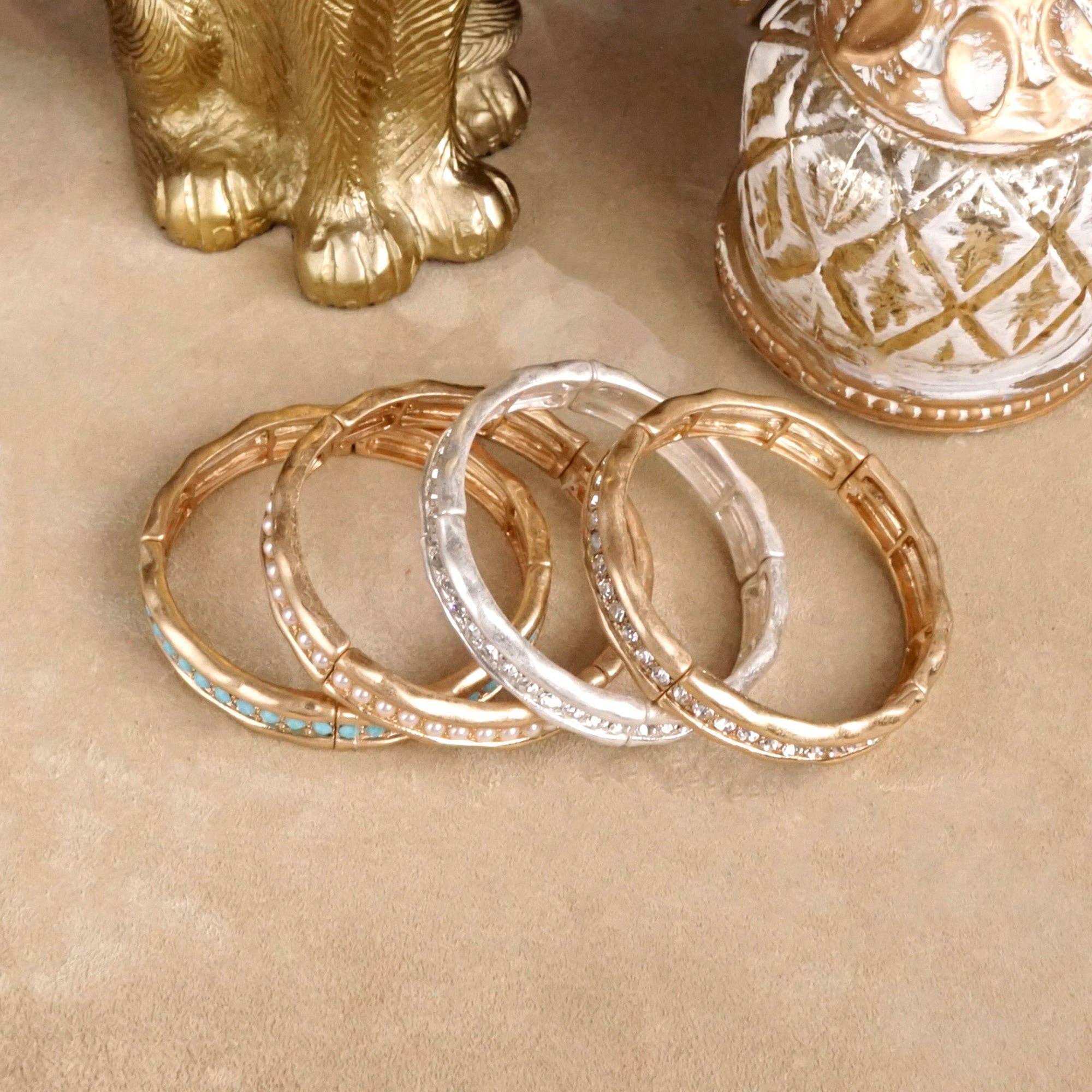 Minimalist TurquoiseCrystal Bangle Bracelet – Brushed Gold-PennyLine inc-Stuffology - Where Vintage Meets Modern, A Boutique for Real Women in Crosbyton, TX