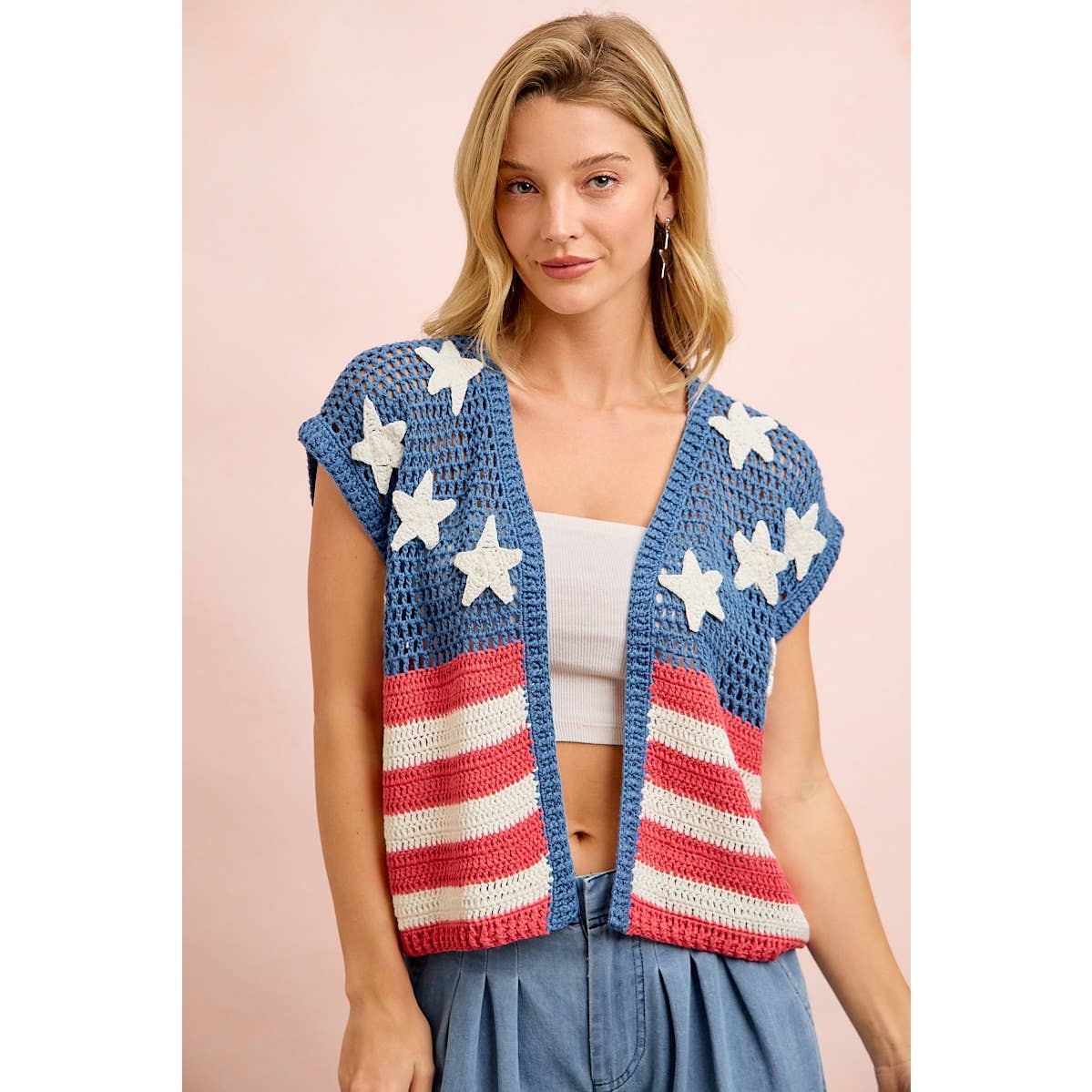 AMERICAN FLAG CROCHET SHORT SLEEVE CARDIGAN-vest-BiBi-Stuffology - Where Vintage Meets Modern, A Boutique for Real Women in Crosbyton, TX