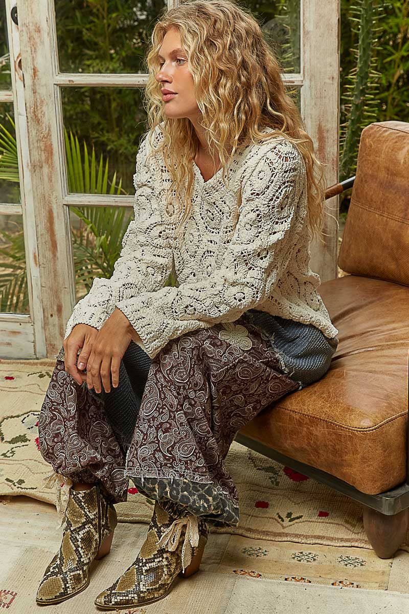 Round neck open knitted crochet solid sweater-Sweaters-Pol Clothing-Stuffology - Where Vintage Meets Modern, A Boutique for Real Women in Crosbyton, TX