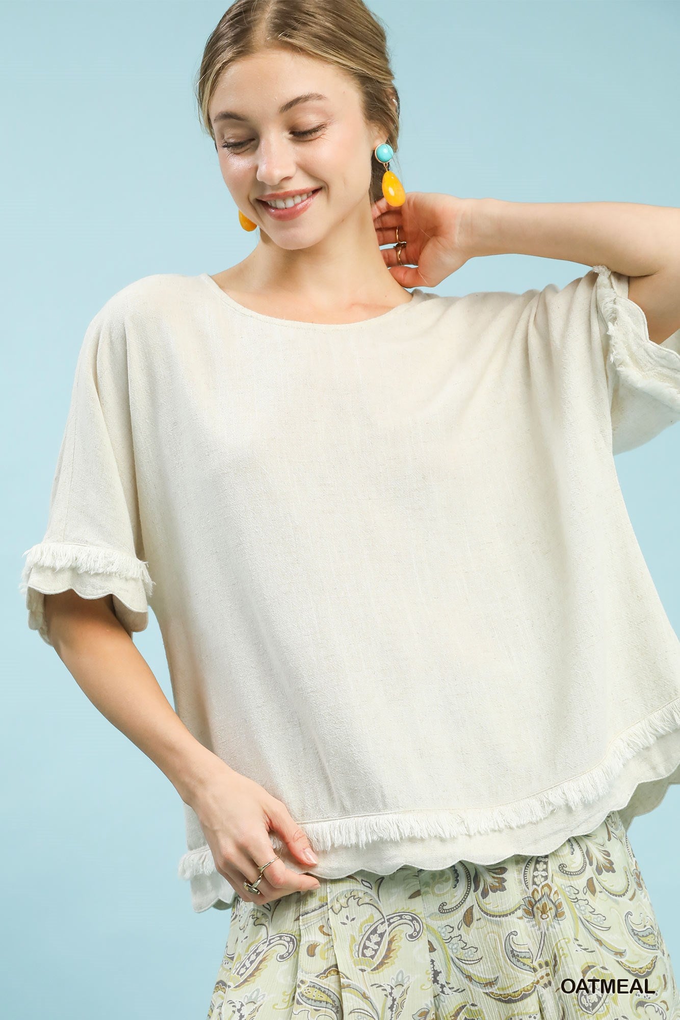 Linen Frayed Hem Scallop Edge Top-Blouse-Umgee-Stuffology - Where Vintage Meets Modern, A Boutique for Real Women in Crosbyton, TX