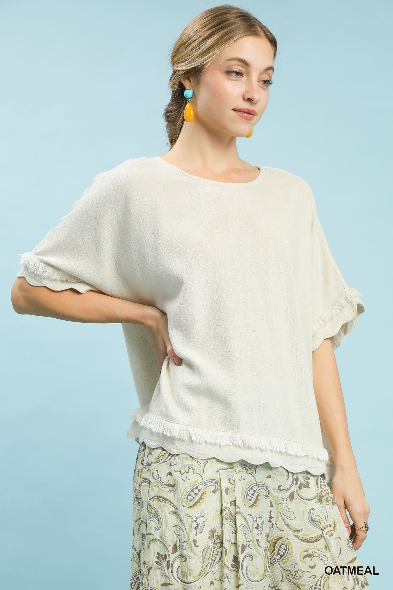 Linen Frayed Hem Scallop Edge Top-Blouse-Umgee-Stuffology - Where Vintage Meets Modern, A Boutique for Real Women in Crosbyton, TX