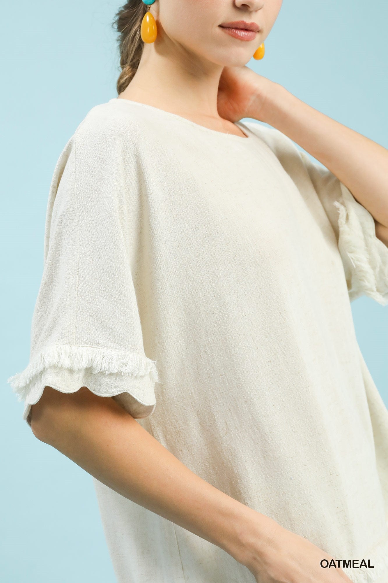 Linen Frayed Hem Scallop Edge Top-Blouse-Umgee-Stuffology - Where Vintage Meets Modern, A Boutique for Real Women in Crosbyton, TX