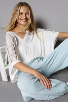 POL Clothing Oversize V-neck Crochet Lace Contrast Studded Top-Loose Fit Top-Pol Clothing-Stuffology - Where Vintage Meets Modern, A Boutique for Real Women in Crosbyton, TX