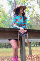 Boho Style!! Turquoise Mesh Top with Cowboy Boots and Cactus / Stuffology Boutique-Top-Merigold Kiss-Stuffology - Where Vintage Meets Modern, A Boutique for Real Women in Crosbyton, TX