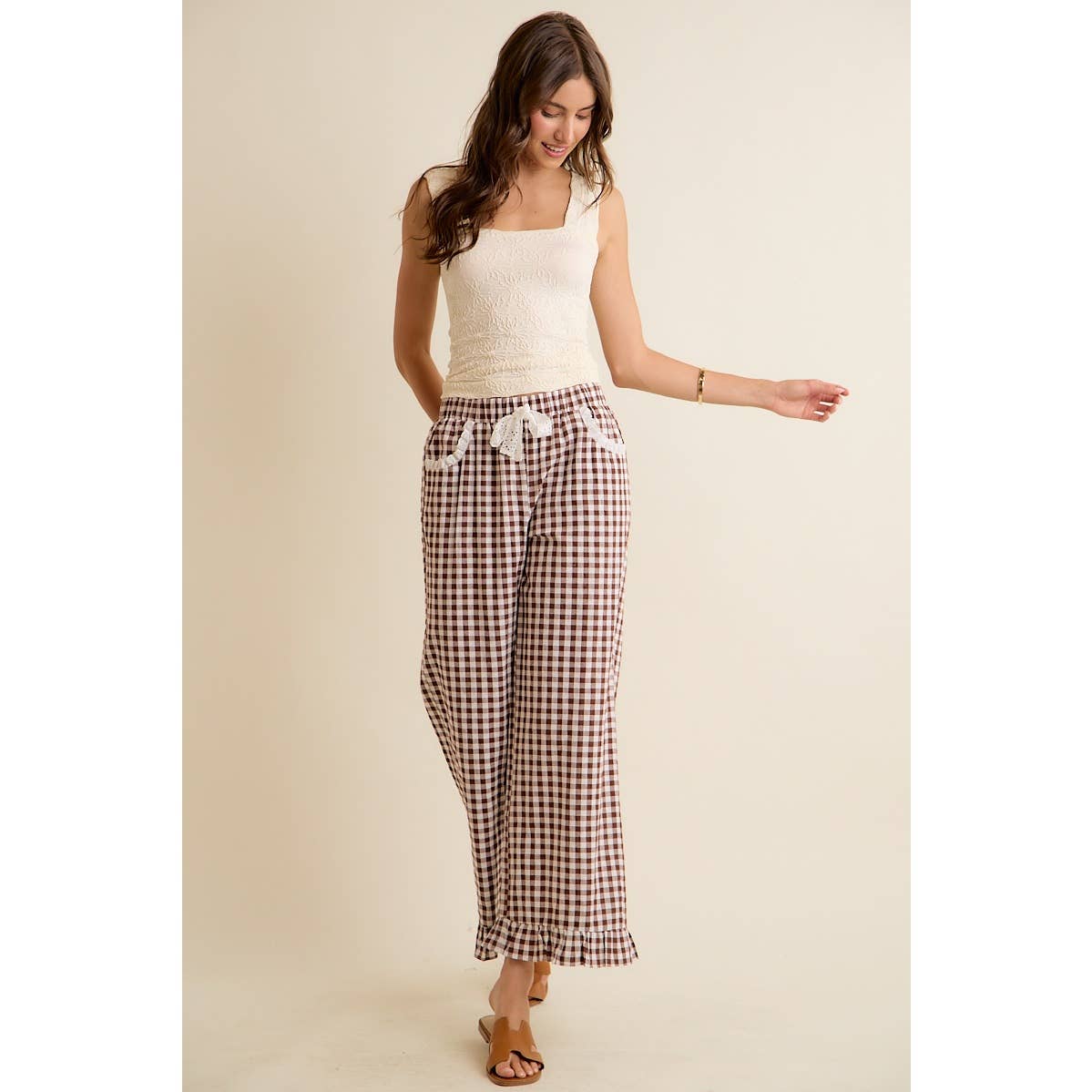 GINGHAM LACE RUFFLED PULL ON PANTS-So Me-Stuffology - Where Vintage Meets Modern, A Boutique for Real Women in Crosbyton, TX