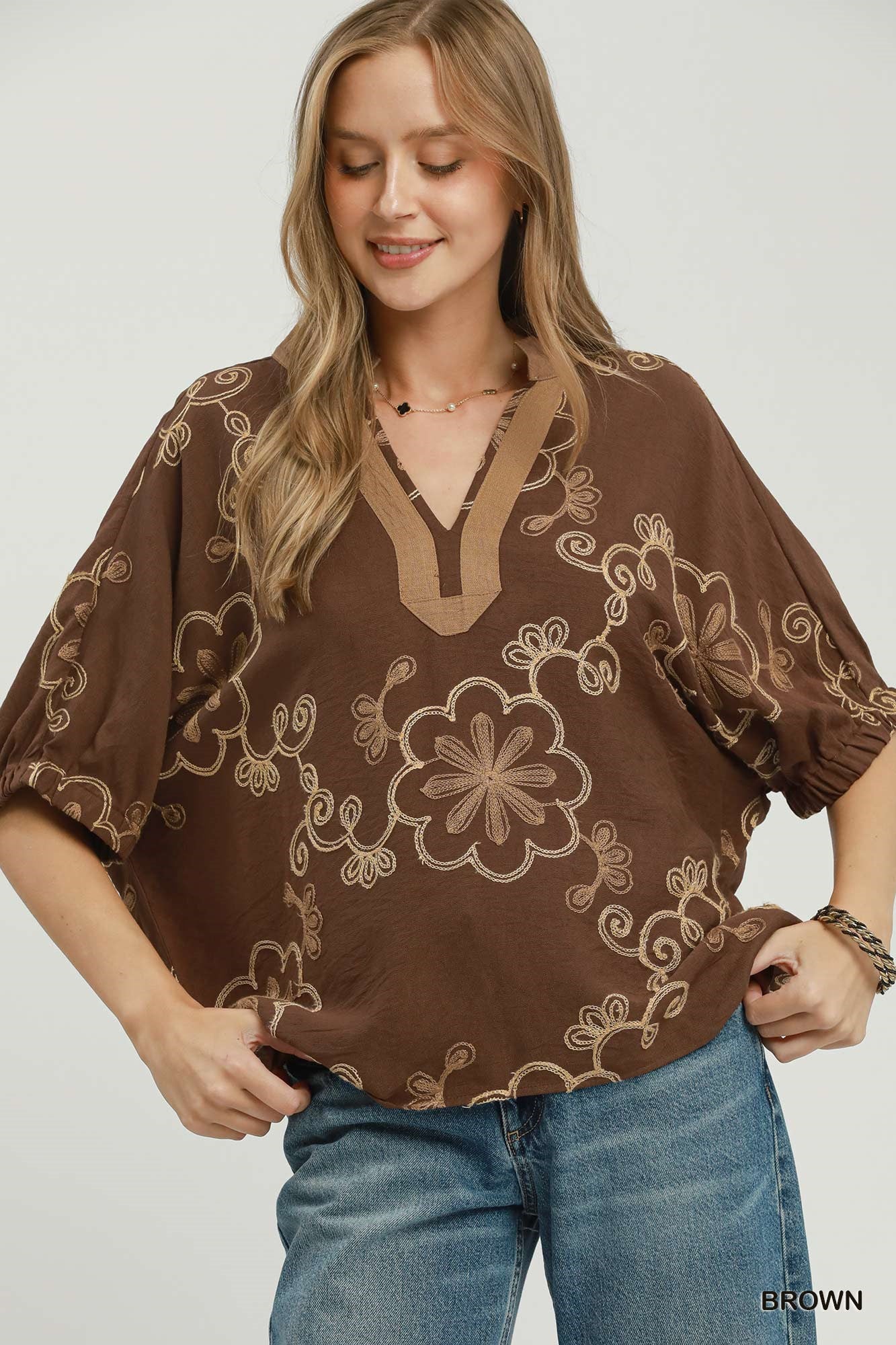 Floral Embroidered Split Neck Blouse-Blouse-Umgee-Stuffology - Where Vintage Meets Modern, A Boutique for Real Women in Crosbyton, TX