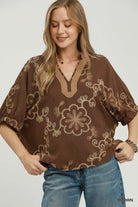 Floral Embroidered Split Neck Blouse-Blouse-Umgee-Stuffology - Where Vintage Meets Modern, A Boutique for Real Women in Crosbyton, TX