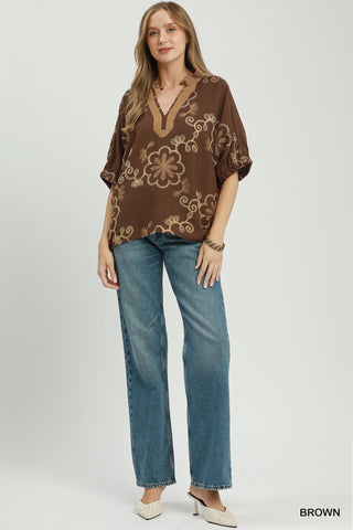 Floral Embroidered Split Neck Blouse-Blouse-Umgee-Stuffology - Where Vintage Meets Modern, A Boutique for Real Women in Crosbyton, TX