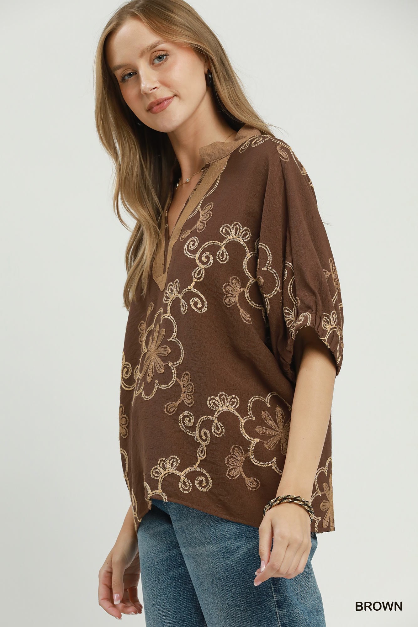 Floral Embroidered Split Neck Blouse-Blouse-Umgee-Stuffology - Where Vintage Meets Modern, A Boutique for Real Women in Crosbyton, TX