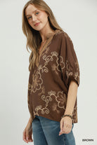 Floral Embroidered Split Neck Blouse-Blouse-Umgee-Stuffology - Where Vintage Meets Modern, A Boutique for Real Women in Crosbyton, TX