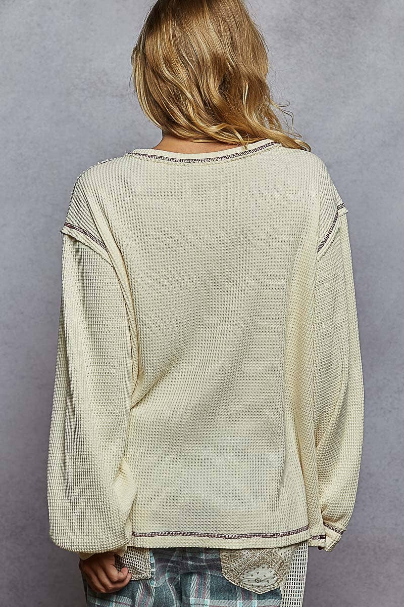 Long sleeve round neck star patch thermal knit top-Pullover Top-Pol Clothing-Stuffology - Where Vintage Meets Modern, A Boutique for Real Women in Crosbyton, TX