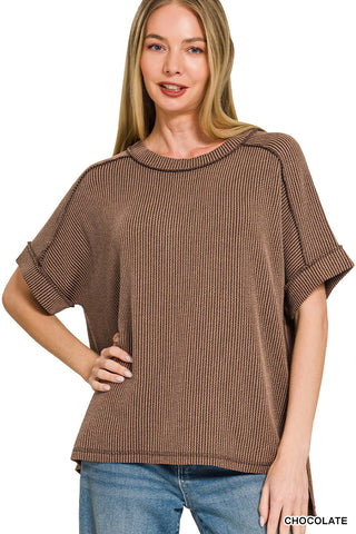 Short Sleeve Ribbed Round Neck Top-Tops-Zenana-Stuffology - Where Vintage Meets Modern, A Boutique for Real Women in Crosbyton, TX