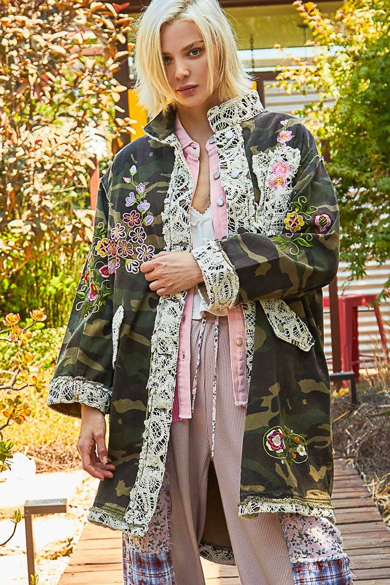 Oversized Camo Print Crochet Detail Jacket/Stuffology Boutique-Jackets-Pol Clothing-Stuffology - Where Vintage Meets Modern, A Boutique for Real Women in Crosbyton, TX