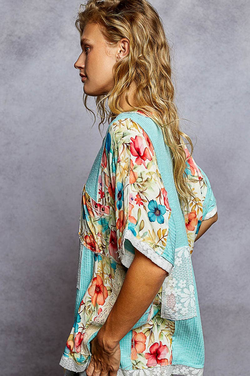 POL Clothing Round Neck Short Sleeve Floral Knit Rib Top-Loose Fit Top-Pol Clothing-Stuffology - Where Vintage Meets Modern, A Boutique for Real Women in Crosbyton, TX
