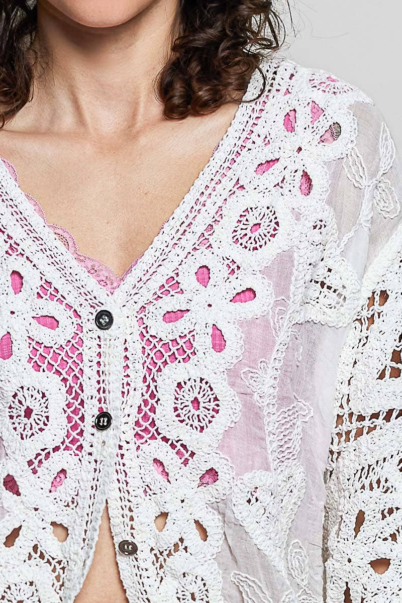 Batwing Sleeve Button Down Solid Crochet Cardigan Top-Pol Clothing-Stuffology - Where Vintage Meets Modern, A Boutique for Real Women in Crosbyton, TX
