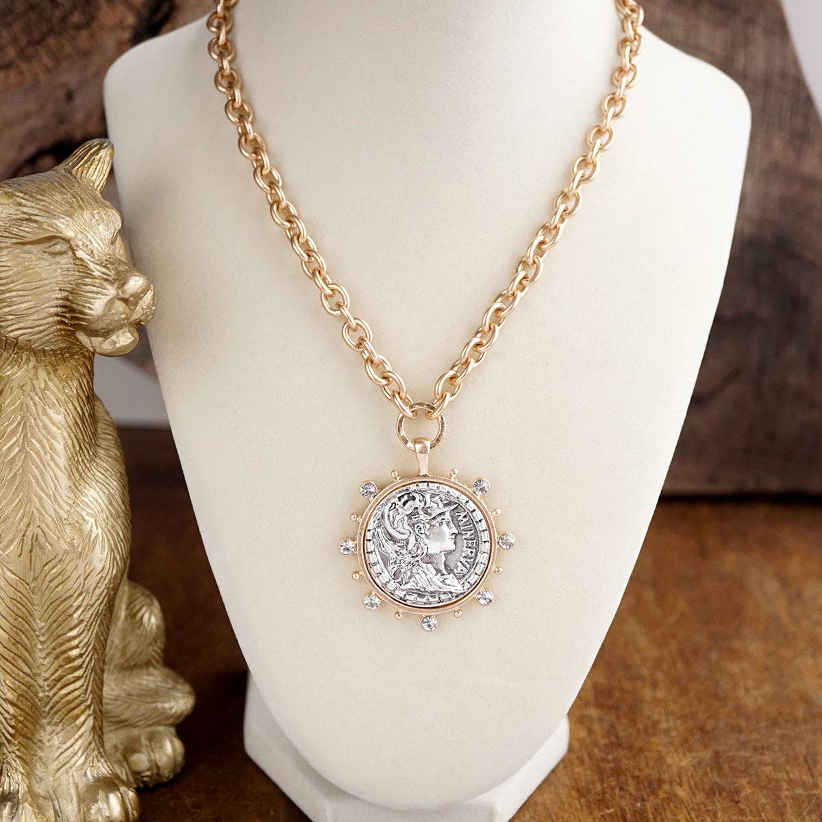 Radiant Relic – Coin Medallion Necklace with Crystal Halo-Necklaces-PennyLine inc-Stuffology - Where Vintage Meets Modern, A Boutique for Real Women in Crosbyton, TX
