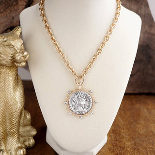 Radiant Relic – Coin Medallion Necklace with Crystal Halo-Necklaces-PennyLine inc-Stuffology - Where Vintage Meets Modern, A Boutique for Real Women in Crosbyton, TX