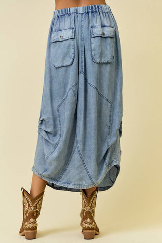 DENIM SIDE TUCK DETAIL MIDI SHIRT - 6557S-2-Skirts-Doe and Rae-Stuffology - Where Vintage Meets Modern, A Boutique for Real Women in Crosbyton, TX