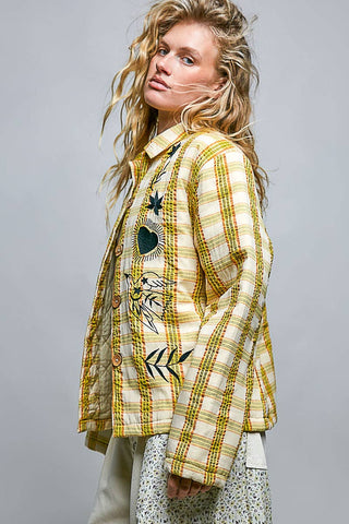 Plaid Embroidered Wooden Button Down Shirt Jacket-Jackets-Pol Clothing-Stuffology - Where Vintage Meets Modern, A Boutique for Real Women in Crosbyton, TX