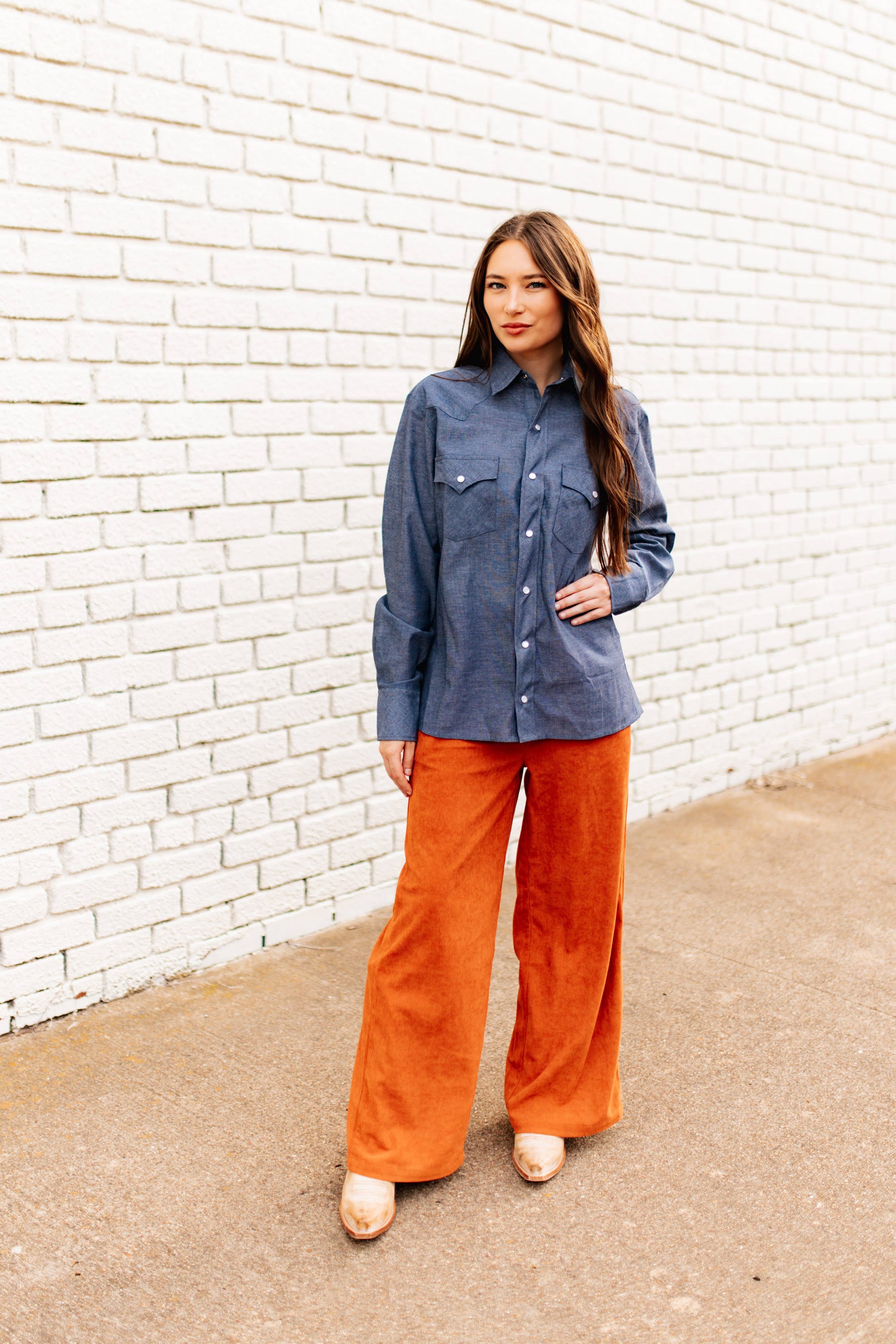 Classic Pearl Snap Denim Chambray Button-Down-Tops-Turquoise Haven-Stuffology - Where Vintage Meets Modern, A Boutique for Real Women in Crosbyton, TX