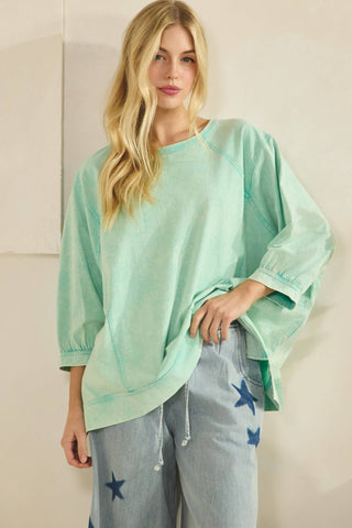 AQUA MINERAL WASH OVERSIZE PUFF-SLEEVE PULLOVER TEE-TOP-Sage + Fig-Stuffology - Where Vintage Meets Modern, A Boutique for Real Women in Crosbyton, TX