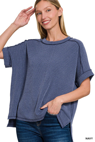 Short Sleeve Ribbed Round Neck Top-Tops-Zenana-Stuffology - Where Vintage Meets Modern, A Boutique for Real Women in Crosbyton, TX
