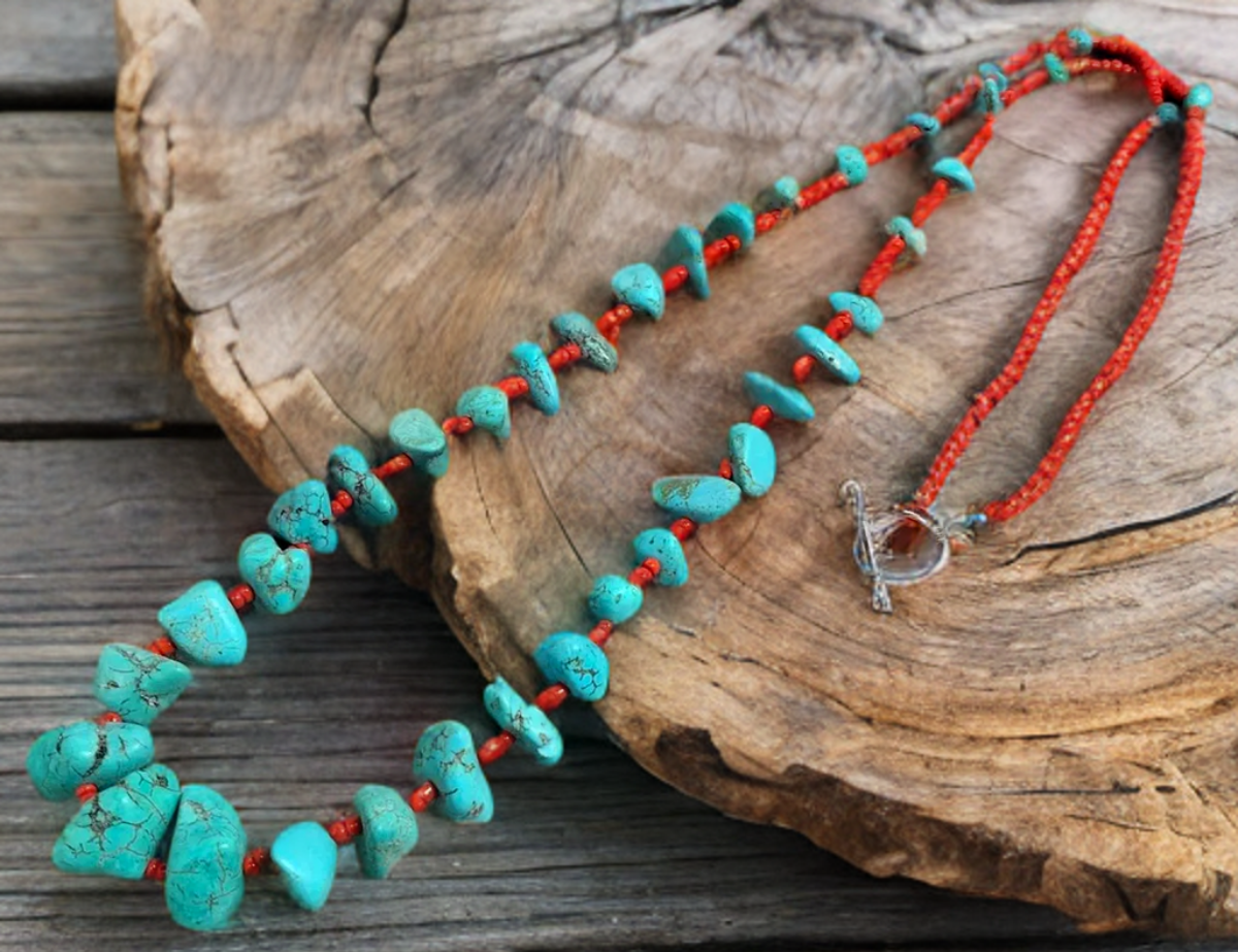 Turquoise red seed bead necklace Native American handmade-Necklaces-Horse Spirit Studio-Stuffology - Where Vintage Meets Modern, A Boutique for Real Women in Crosbyton, TX